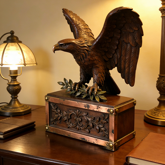 Eagle & Olive Branch Wooden Decor Box - Vintage Industrial Pet Chest with Copper Accents for Desk