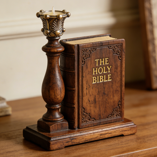 Vintage Holy Bible Wooden Candle Holder - Religious Decor with Brass Accents for Prayer & Meditation