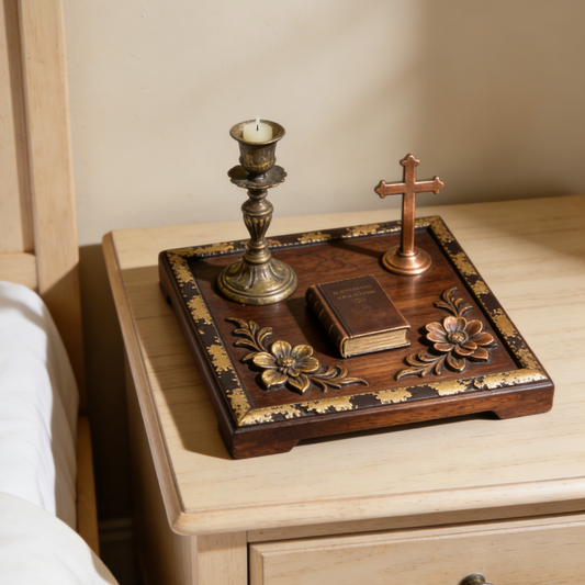 Religious Wooden Tray Decor - Vintage Floral Accent Tray with Candle, Cross & Mini Bible for Devotion