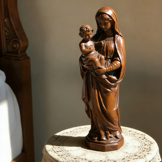 Hand-Carved Wooden Madonna & Child Statue - Religious Sculpture for Home Altar & Shelf Decor