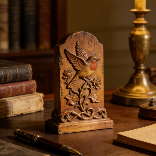Vintage Hand-Carved Bird & Flower Wooden Plaque - Rustic Robin Decor for Tabletop & Shelf