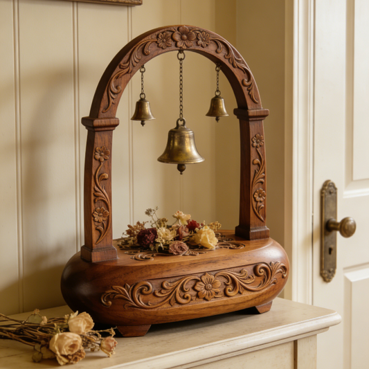 Vintage Wooden Arch Bell Ornament - Hand-Carved Floral Decor with Brass Bells & Dried Flowers