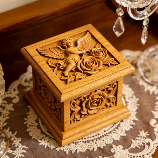 Hand-Carved Wooden Keepsake Box - Angel & Rose Relief Decorative Box for Jewelry & Memories
